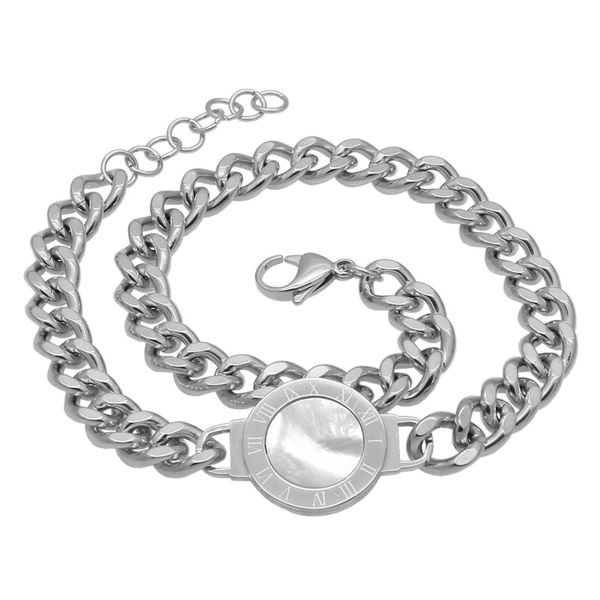 double chain cuff bracelets round card shell roman digital bracelet men's and women's titanium steel baibei bracelet, White
double chain cuff bracelets round card shell roman digital bracelet men's and women's titanium steel baibei bracelet, White