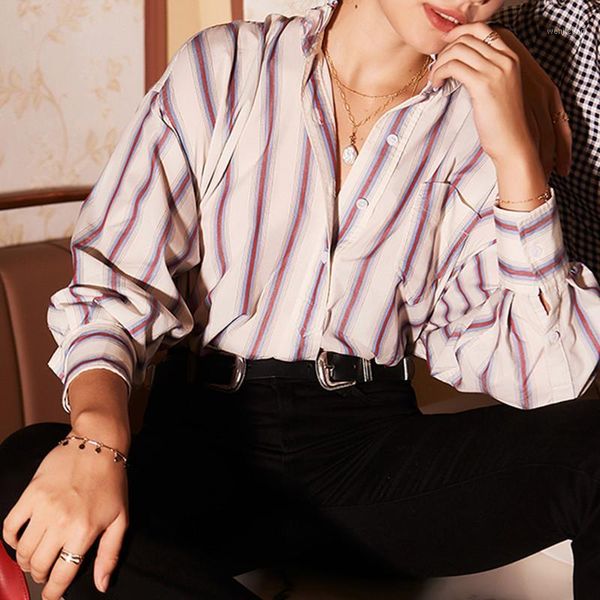ruffles trim collar women's blouse asymmetry silhouette vertical stripes shirt femme casual early autumn buttons with pocket1, White
ruffles trim collar women's blouse asymmetry silhouette vertical stripes shirt femme casual early autumn buttons with pocket1, White
