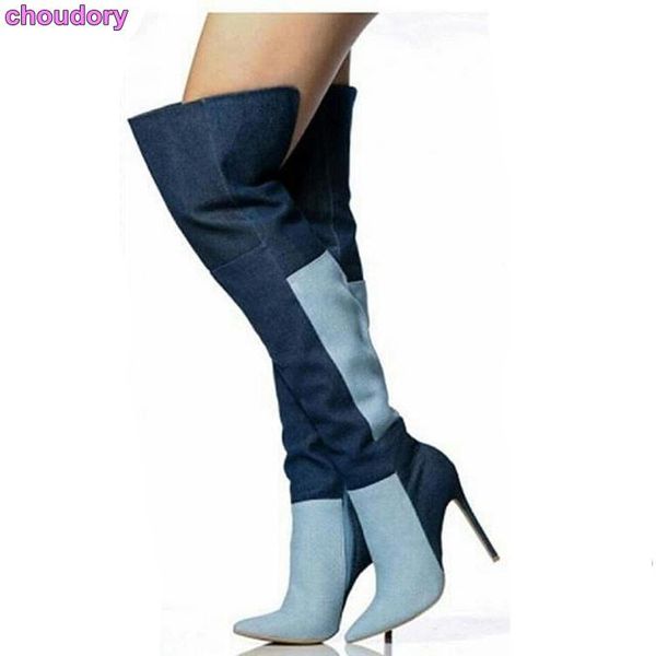 boots women fashionable blue biege denim patchwork over the knee elegant stiletto heels color matched pointed toe, Black
boots women fashionable blue biege denim patchwork over the knee elegant stiletto heels color matched pointed toe, Black