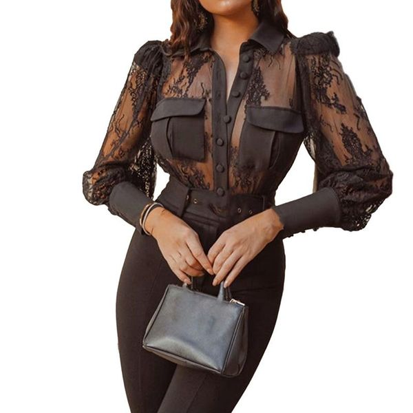 transparent lace patchwork black shirt blouse women stylish long sleeve mesh black s size, White
transparent lace patchwork black shirt blouse women stylish long sleeve mesh black s size, White
