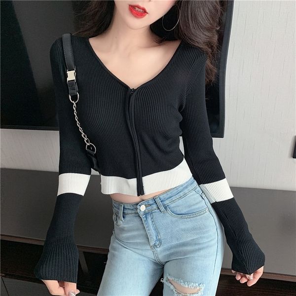 women v-neck knitted patchwork full sleeve cropped zipper slim sweaters cardigans lady knit short crop for female y200824, White;black
women v-neck knitted patchwork full sleeve cropped zipper slim sweaters cardigans lady knit short crop for female y200824, White;black