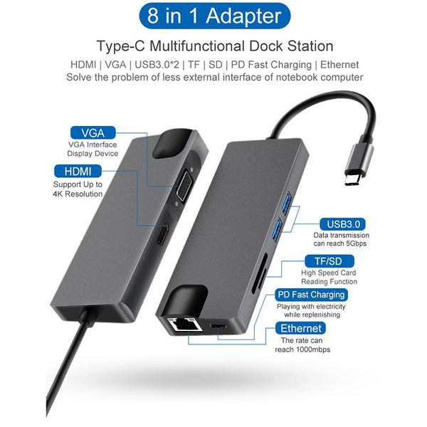 8 в 1 тип c-концентратор usb c к hdmi vga порты usb 3.0 sd / tf card reader rj45 1000m usb-c мощность delivery для pro 3.1 splitter
8 в 1 тип c-концентратор usb c к hdmi vga порты usb 3.0 sd / tf card reader rj45 1000m usb-c мощность delivery для pro 3.1 splitter