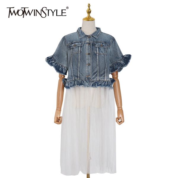 twotwinstyle denim patchwork mesh women's jacket lapel collar short sleeve ruffle jacket female streetwear spring fashion 201023, Black;brown
twotwinstyle denim patchwork mesh women's jacket lapel collar short sleeve ruffle jacket female streetwear spring fashion 201023, Black;brown