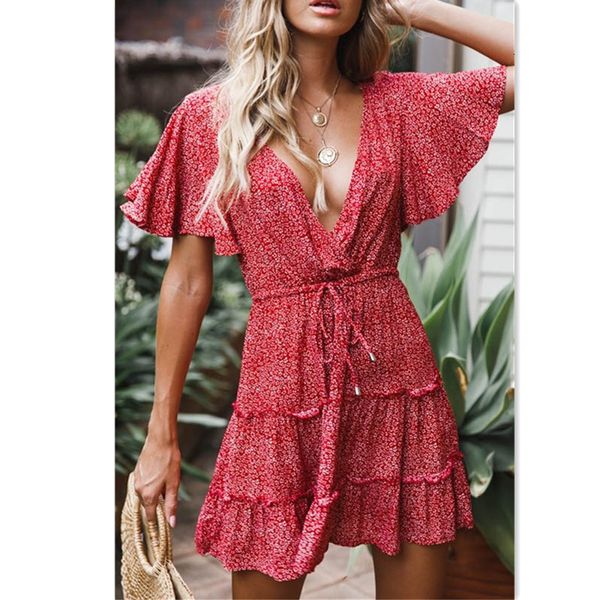 es 2019 new women summer casual short sleeve v-neck high waist loose floral mini, Black;gray
es 2019 new women summer casual short sleeve v-neck high waist loose floral mini, Black;gray