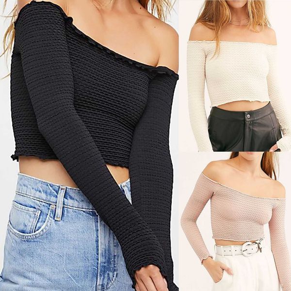 fashion casual loose strapless long sleeve shirt fall short cropped women's solid color t-shirt, White
fashion casual loose strapless long sleeve shirt fall short cropped women's solid color t-shirt, White