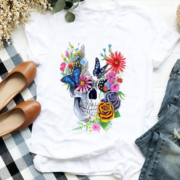 women lady floral butterfly skull 90s fall autumn halloween print tshirt female t tee womens shirt clothes graphic t shirt, White