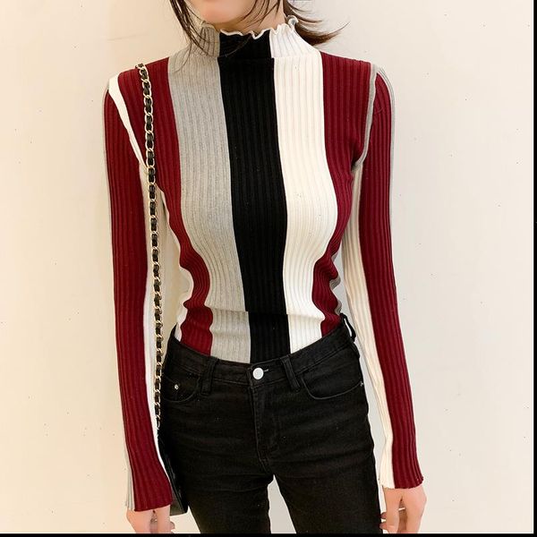 2021 casual bodycon striped sweater women knitted pullover long sleeve korean ruffled neck slim female jumper, White;black