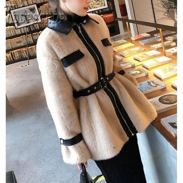 2020 imitation mink hair patchwork women coat waist belt khaki and beige color female jacket1, Black
2020 imitation mink hair patchwork women coat waist belt khaki and beige color female jacket1, Black