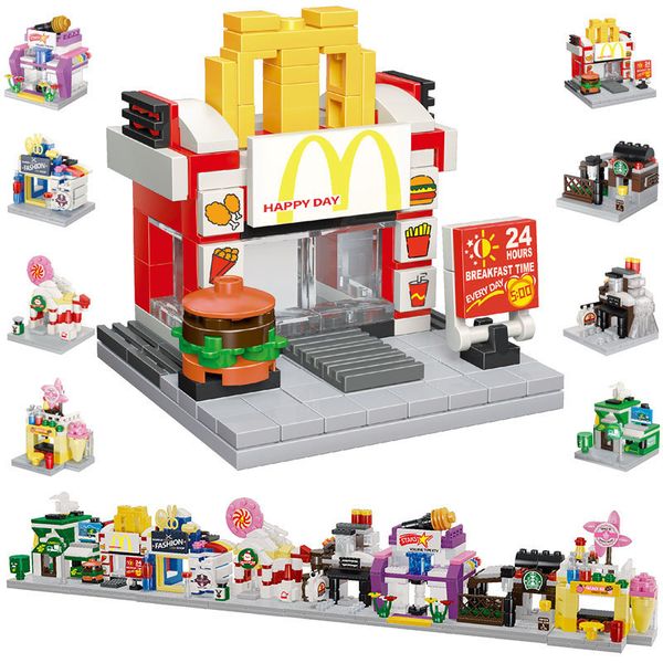 2020 Mini City Street Series Building Blocks Single Food Candy Pizza Ice Cream Shop Bookstore Moc Kids Educational Toys