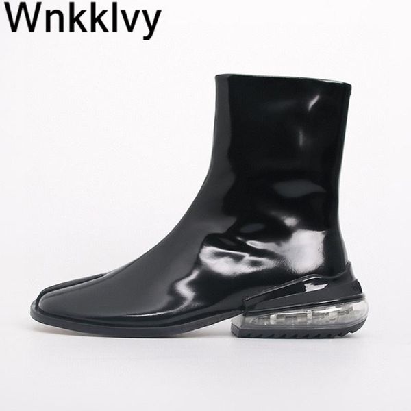 transparent air cushion short boots woman flat heel split toe genuine leather ankle botas 2020 pig trotter horseshoe boots, Black
transparent air cushion short boots woman flat heel split toe genuine leather ankle botas 2020 pig trotter horseshoe boots, Black