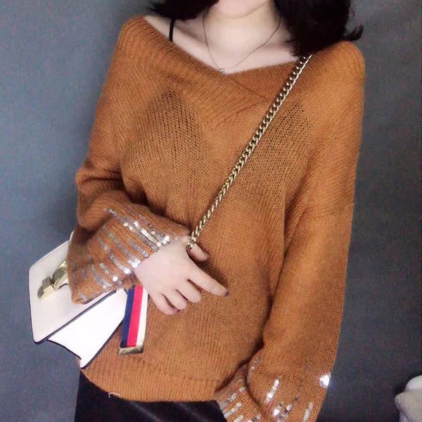 2020 autumn women solid pullovers long sleeve basic off shoulder jumper v neck female sequins knitted sweater
2020 autumn women solid pullovers long sleeve basic off shoulder jumper v neck female sequins knitted sweater