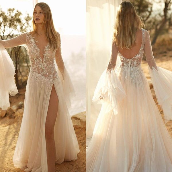 2020 bohemian a line wedding dresses plus size side slit lace appliqued bridal gowns long sleeves custom made tulle wedding dress, White
2020 bohemian a line wedding dresses plus size side slit lace appliqued bridal gowns long sleeves custom made tulle wedding dress, White