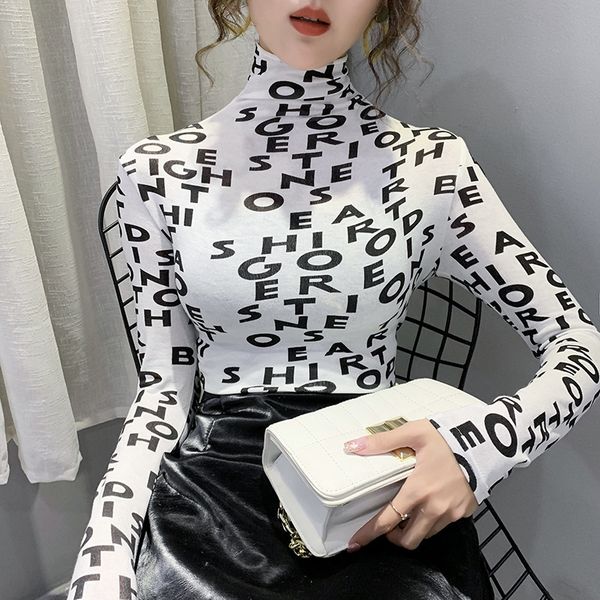 high collar letter printed women's new style fashion small long t- sleeve t-shirt bottoming shirt in autumn and winter 2020 zujsq zu, White 
high collar letter printed women's new style fashion small long t- sleeve t-shirt bottoming shirt in autumn and winter 2020 zujsq zu, White