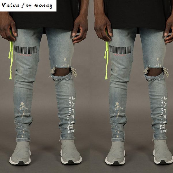 bar print code ripped holes jeans for men hip hop punk slim fit denim pants fashion streetwear distressed trousers plus size 3xl q0105, Black;white 
bar print code ripped holes jeans for men hip hop punk slim fit denim pants fashion streetwear distressed trousers plus size 3xl q0105, Black;white