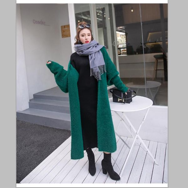 women's wool & blends synthetic mink cashmere sweater cardigan women korean winter coat batwing sleeve knitted long thick plus size swe, Black