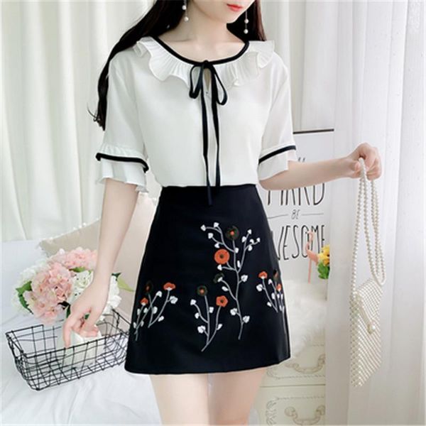 new fashion women lovely doll collar bow lace up short sleeve blouse+ flower embroidery mini skirt set office female 2 piece set1, White
new fashion women lovely doll collar bow lace up short sleeve blouse+ flower embroidery mini skirt set office female 2 piece set1, White