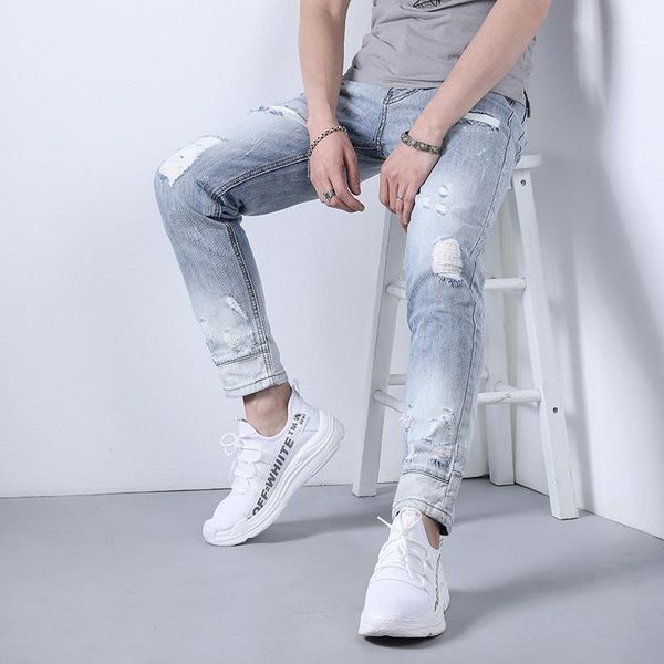 men's jeans summer men ripped slim fit ankle-length pants hip hop streetwear light blue distressed denim trousers
men's jeans summer men ripped slim fit ankle-length pants hip hop streetwear light blue distressed denim trousers
