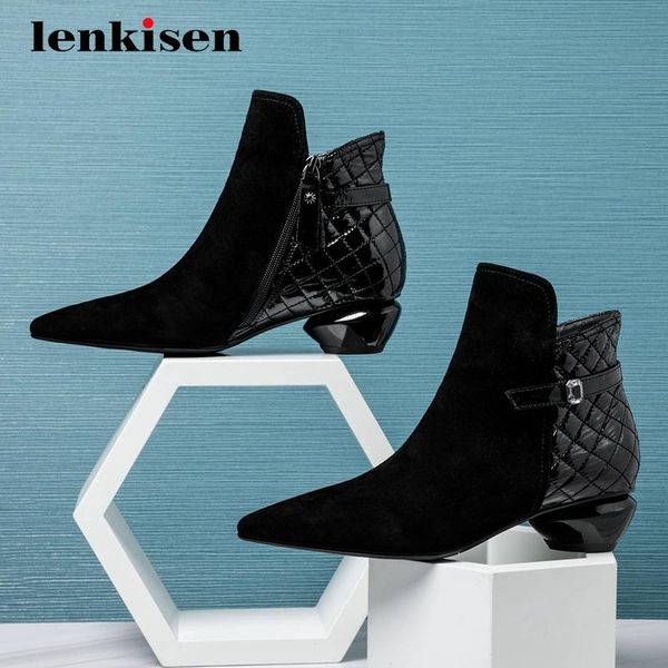 lenkisen plus size sheep suede crystal decorations gingham pointed toe med strange heel zipper daily wear noble ankle boots l8f1, Black
lenkisen plus size sheep suede crystal decorations gingham pointed toe med strange heel zipper daily wear noble ankle boots l8f1, Black