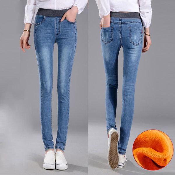 women warm plush jeans pants winter high waist elastic long denim trousers nov99, Blue