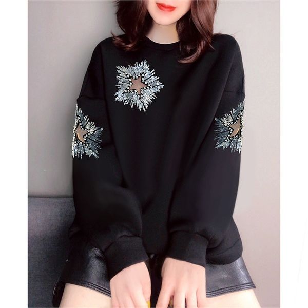 2020 new women's heavy industry sequined embroidered diamond fashion black round neck sweater temperament slim top
2020 new women's heavy industry sequined embroidered diamond fashion black round neck sweater temperament slim top