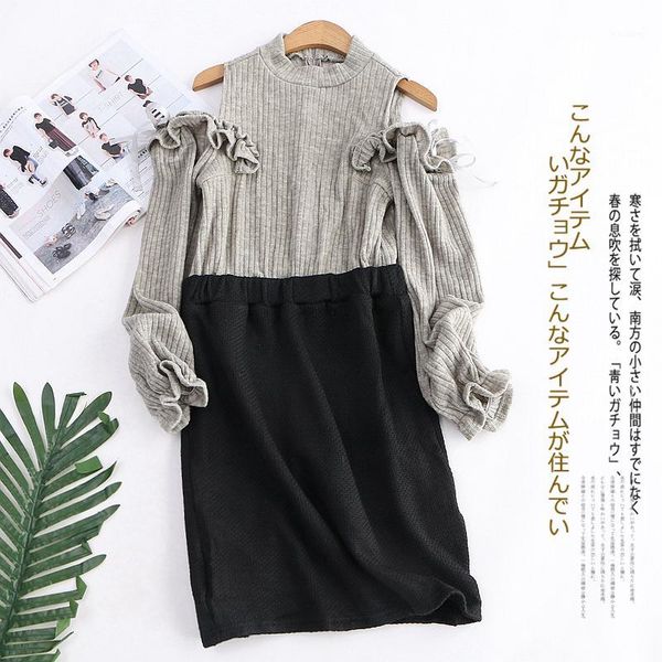 new women's knit stitching petals long sleeve off-the-shoulder fashion dresssuit1, Black;gray
new women's knit stitching petals long sleeve off-the-shoulder fashion dresssuit1, Black;gray