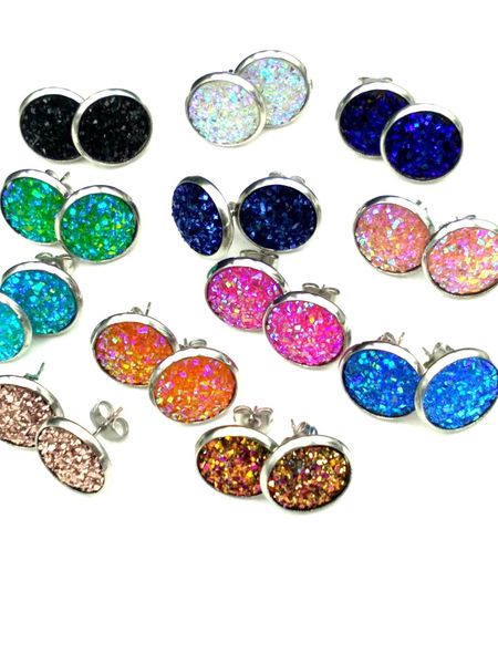 

8mm 12mm nice handmade resin round mermaid druzy earrings trendy simple stainless steel tone wholesaling resin stone earring for lady 2021, Golden;silver