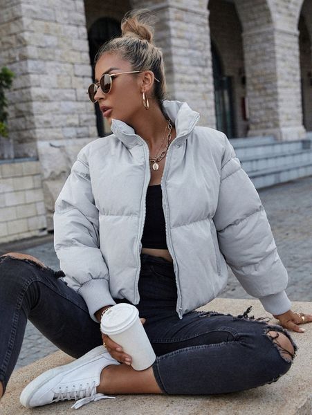 slant pockets solid puffer coat v1b4#, Black