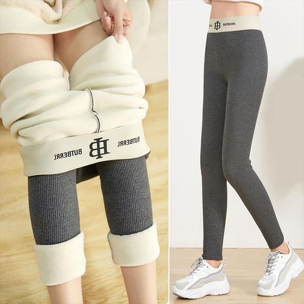 autumn and winter pants thread thickened cashmere winter leggings women pure cotton nine point high waist s lim warm leggings, Black