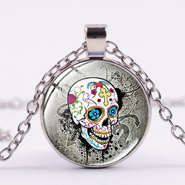 classic mexican sugar skull art pattern necklace day of the dead celebrate crystal dome long chain pendant gothic jewelry, Silver
classic mexican sugar skull art pattern necklace day of the dead celebrate crystal dome long chain pendant gothic jewelry, Silver