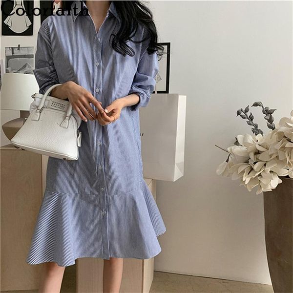 colorfaith new 2021 women summer autumn dresses casual striped ruffles trumpet oversize buttons wrist long shirt dress dr8071, Black;gray
colorfaith new 2021 women summer autumn dresses casual striped ruffles trumpet oversize buttons wrist long shirt dress dr8071, Black;gray
