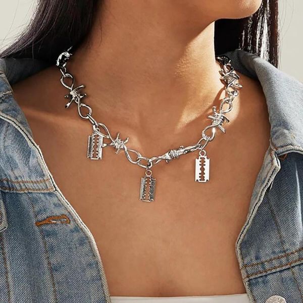 shixin punk brambles choker necklace for women hip hop twisted barbed wire link chain with blade pendants necklaces 2020 collier, Golden;silver
shixin punk brambles choker necklace for women hip hop twisted barbed wire link chain with blade pendants necklaces 2020 collier, Golden;silver
