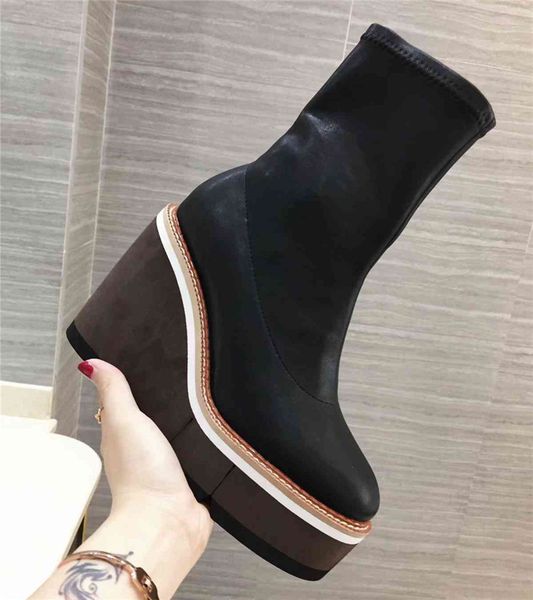 fashion black wedge 12cm high heels women's platform shoes genuine elastic leather creepers boots k3go
fashion black wedge 12cm high heels women's platform shoes genuine elastic leather creepers boots k3go