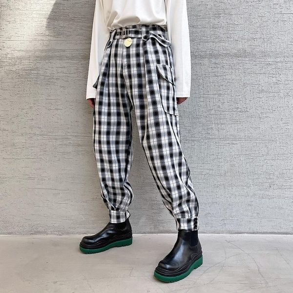 men's pants high waist plaid tapered belt cargo pocket loose bottom vintage film checkered trousers inspired metal disc fashion, Black
men's pants high waist plaid tapered belt cargo pocket loose bottom vintage film checkered trousers inspired metal disc fashion, Black