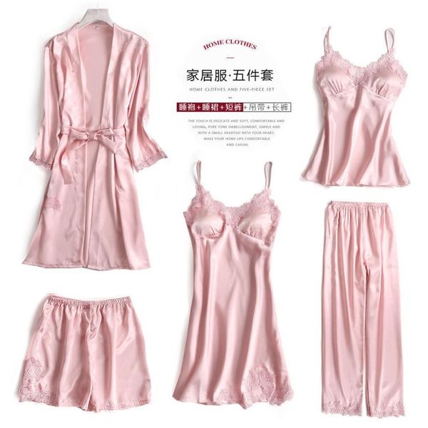 women pajamas 5 pieces satin pajamas sets sleepwear silk home wear embroidery sleep lounge lace pyjama with chest pads y200708, Black;red
women pajamas 5 pieces satin pajamas sets sleepwear silk home wear embroidery sleep lounge lace pyjama with chest pads y200708, Black;red
