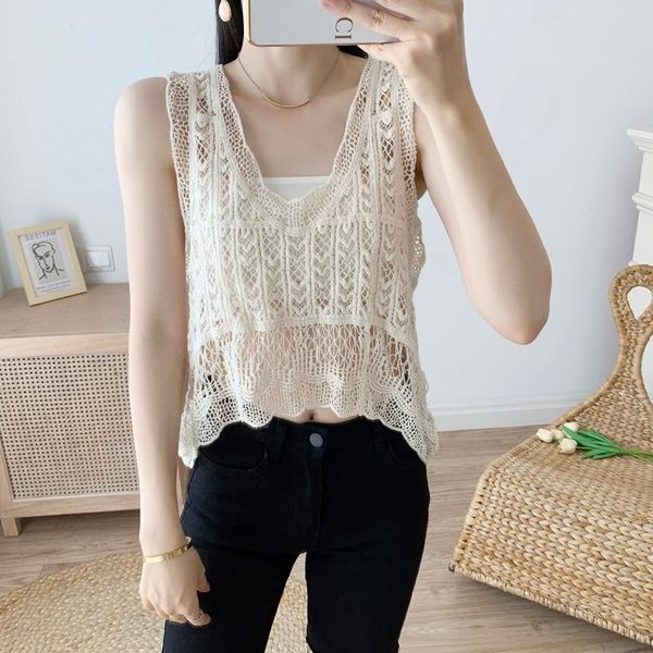 women's sweaters sun protection clothing vest ladies hollow out club v-neck knitted thin pullovers crop sweater ins, White;black 
women's sweaters sun protection clothing vest ladies hollow out club v-neck knitted thin pullovers crop sweater ins, White;black