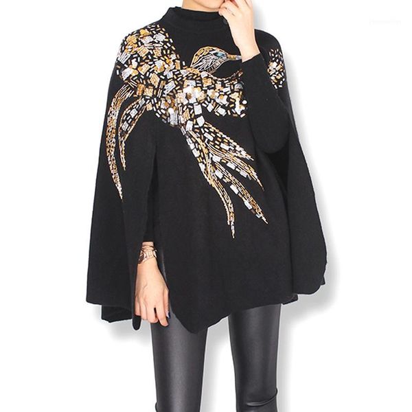 women's wool & blends knitted cashmere cloak women coat birds eagle pattern handmade beading sequins embroidered shwal batwing sleeve 2, Black
women's wool & blends knitted cashmere cloak women coat birds eagle pattern handmade beading sequins embroidered shwal batwing sleeve 2, Black
