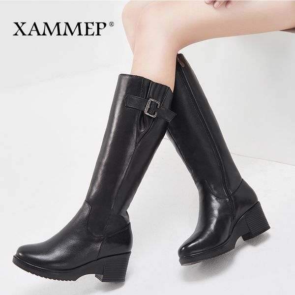 brand women winter shoes genuine leather women winter boots natural wool warmful knee high boots lj201030, Black
