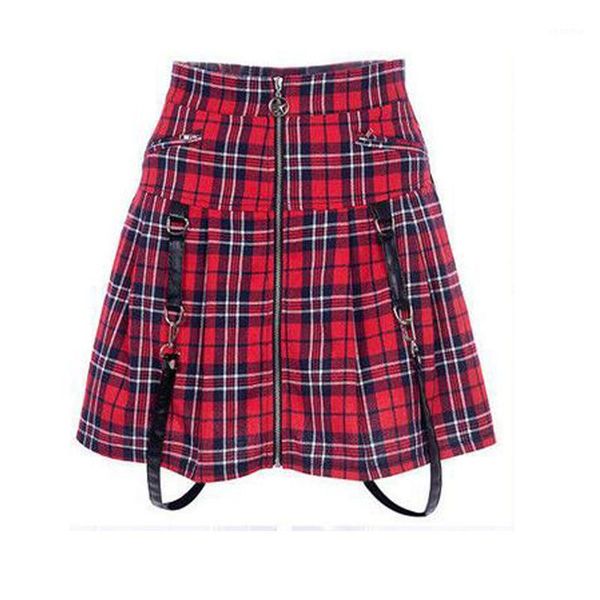 womens tartan check print ladies pleated zipper waist skirt size1, Black