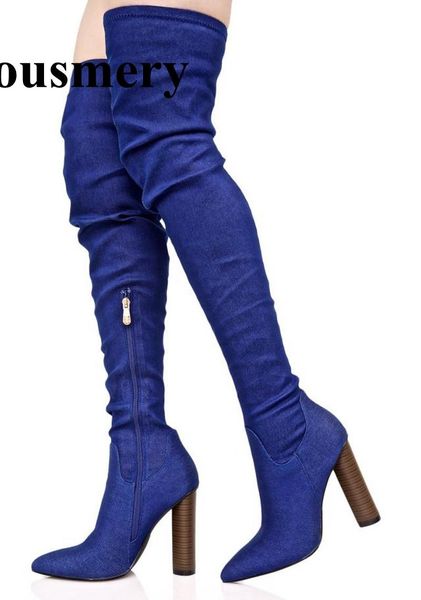 boots design women fashion pointed toe blue denim over knee thick heel stretch long slim bandage high shoes, Black
boots design women fashion pointed toe blue denim over knee thick heel stretch long slim bandage high shoes, Black