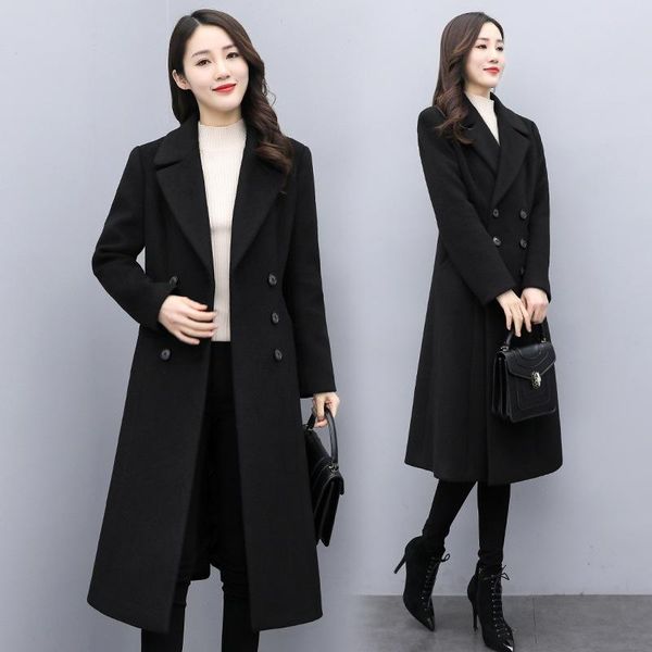 women's wool & blends coat feminine temperament age reduction 2021 winter fashion double breasted slim over the knee, Black
women's wool & blends coat feminine temperament age reduction 2021 winter fashion double breasted slim over the knee, Black