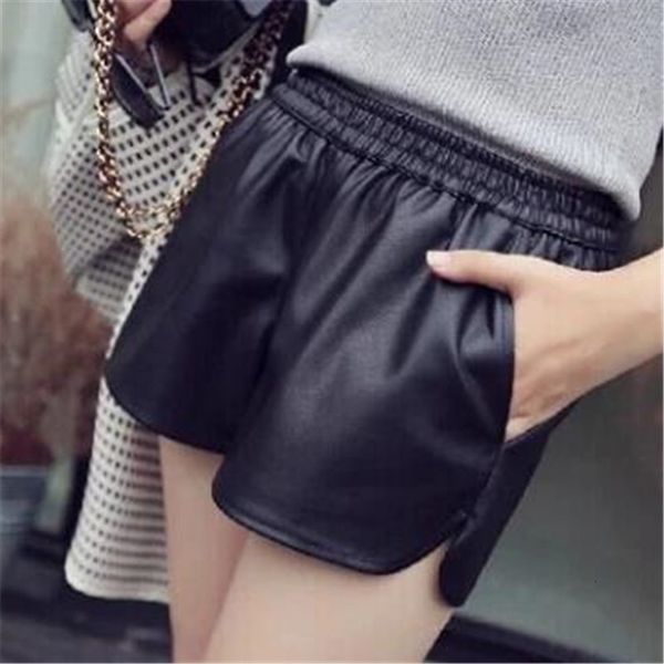 new casual pu leather shorts women's elastic waist slim large size wide leg pants, White;black
new casual pu leather shorts women's elastic waist slim large size wide leg pants, White;black