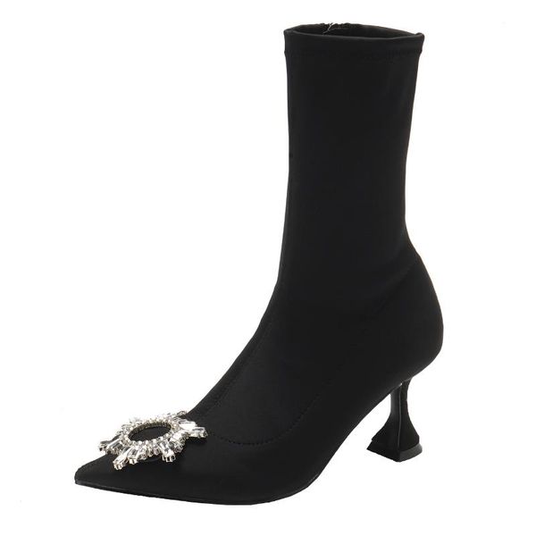 new flower crystal embellished women shoes side zipper bling sapato feminino women boots runway short sock booties, Black
new flower crystal embellished women shoes side zipper bling sapato feminino women boots runway short sock booties, Black