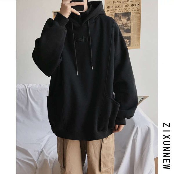 high collar sweater men's autumn winter plush hoodie student ins loose casual trend coat, Black