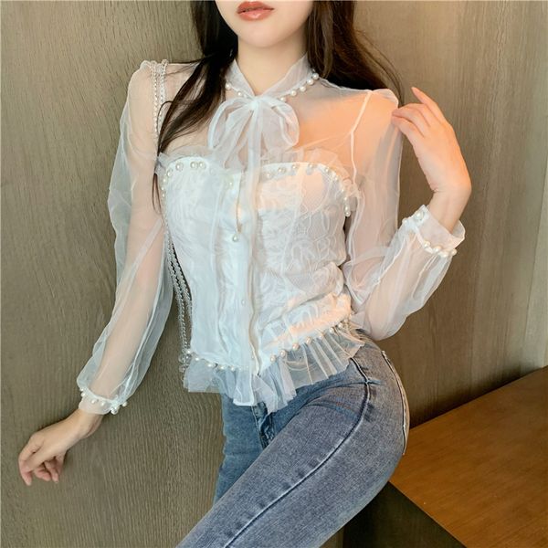 2020 autumn new french pearl bow net hollow lace slim long sleeve shirt women's wear
2020 autumn new french pearl bow net hollow lace slim long sleeve shirt women's wear