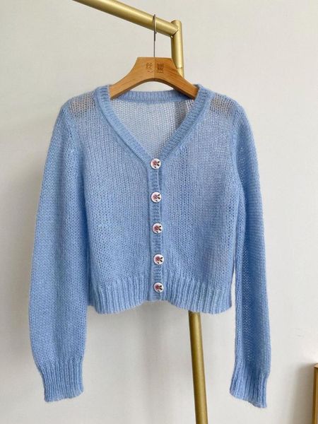 early autumn women thin cardigan single-breasted v-neck long sleeve knitwear female hollow out short sweater top, White
early autumn women thin cardigan single-breasted v-neck long sleeve knitwear female hollow out short sweater top, White