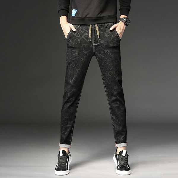 2020 new trend rope printing korean leggings stretch pants men's jeans, Blue 
2020 new trend rope printing korean leggings stretch pants men's jeans, Blue
