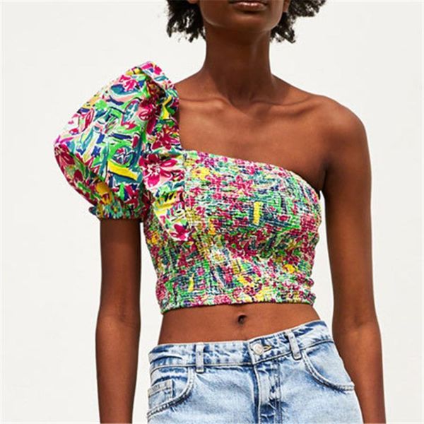 women stylish colourful print crop single shoulder shirts ruffles short design female blouse chic 1, White
women stylish colourful print crop single shoulder shirts ruffles short design female blouse chic 1, White