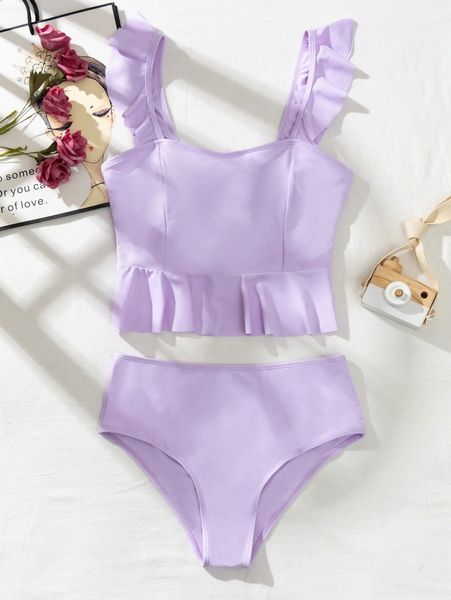 ruffle hem high waisted bikini swimsuit f4be#, White;black