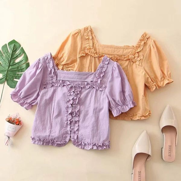 women's blouses & shirts 2021 fashion purple summer women ruffles cotton female cute yellow square collar short sleeve sweet lady, White
women's blouses & shirts 2021 fashion purple summer women ruffles cotton female cute yellow square collar short sleeve sweet lady, White