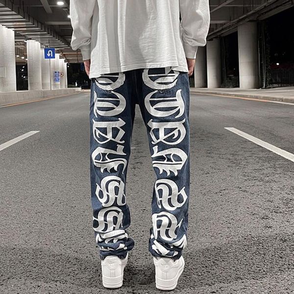 retro back letter print washed blue mens jeans pants ripped streetwear straight casual oversized baggy denim trousers, Black
retro back letter print washed blue mens jeans pants ripped streetwear straight casual oversized baggy denim trousers, Black